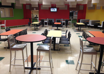 Colorful tables and chairs in cafeteria